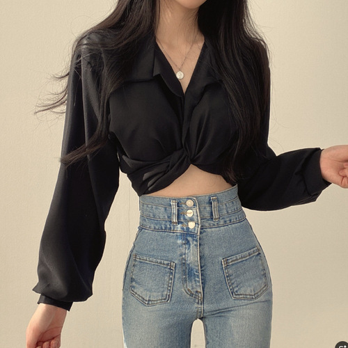 Spring and Summer New French Subtle Bow Knot Design Women's Nipple-Baring Short-Sleeve Sweet and Spicy Personality Long-Sleeve Top