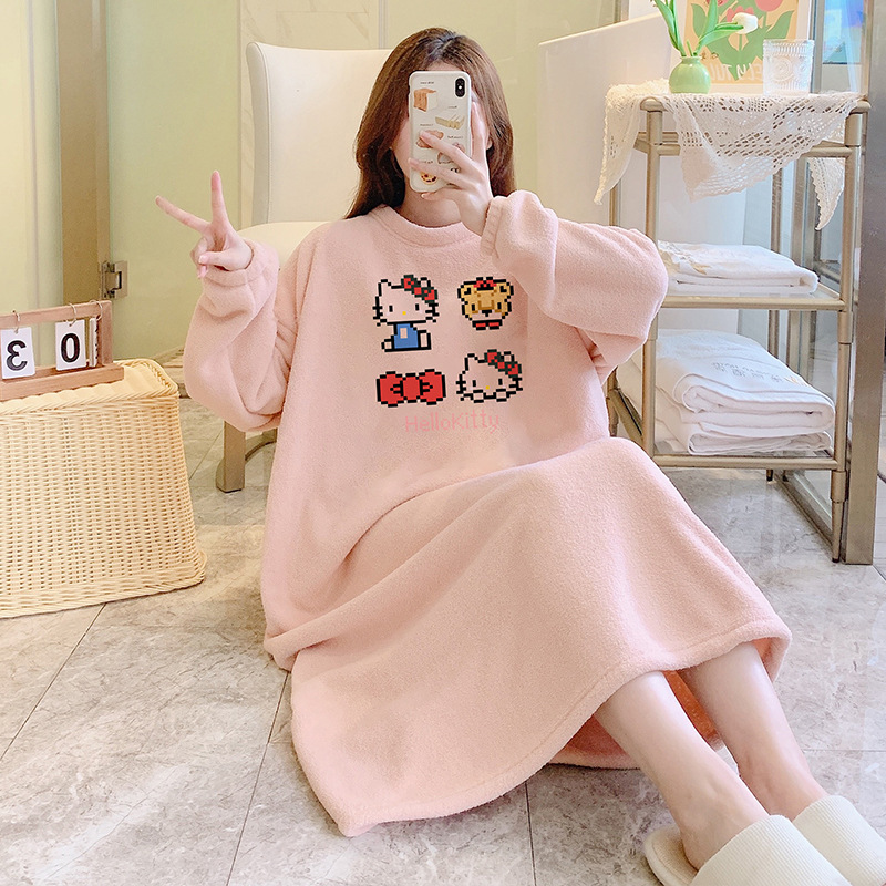 珊瑚绒睡裙女秋冬款加绒加厚长款冬季长袖法兰绒孕妇大码睡衣冬天