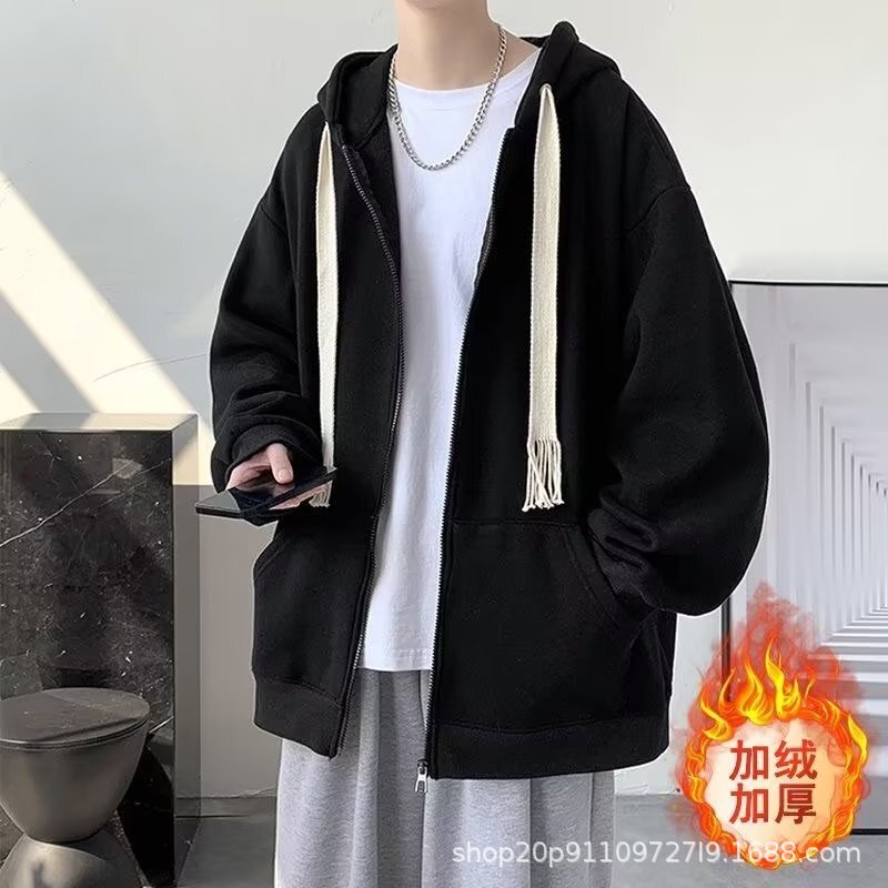 Autumn and Winter Cardigan Sweatshirt Men's Hooded Fleece-Lined Thickeneded Work Wear Trendy Brand Versatile Clothes Japanese Style High Street American Jacket Autumn and Winter Cardigan Sweatshirt Men's Hooded Fleece-Lined Thickeneded Work Wear Trendy Brand Versatile Clothes Japanese Style High Street American Jacket