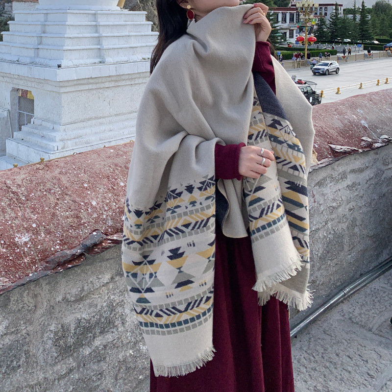 Ethnic-style Travel Shawl, For Women Only, Double-sided Cashmere Wool Scarf With Tassels, Shawl Blanket For Use In Air-conditioned Rooms._voghion.com