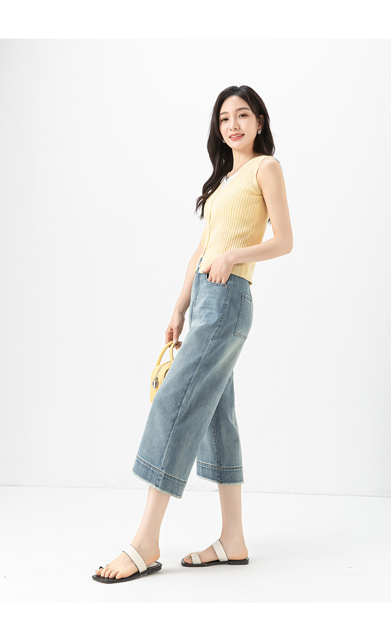 Quần jean nữ ống rộng cạp cao, chất liệu cotton pha linen mỏng nhẹ, dáng suông rủ, gấu tua rua — xanh lam chi tiết 29