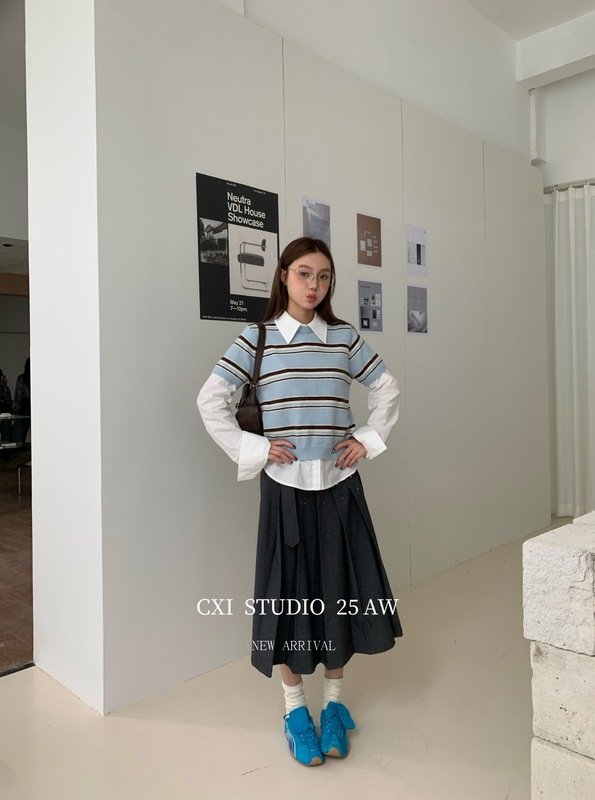 CXI美式复古百褶裙女低腰a字高级感学院风半裙秋季新款工装半身裙|undefined