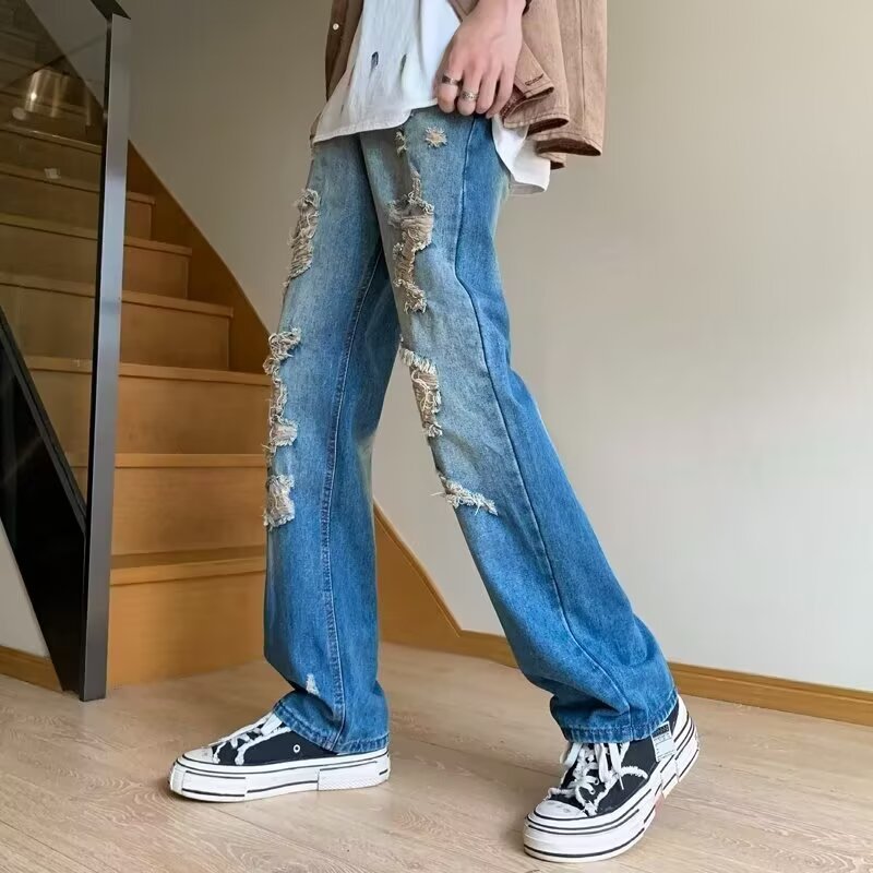 Men's Distressed Jeans Black to Gray Washed Straight-Leg Denim Pants High Street Grunge Style_mkmklike.com
