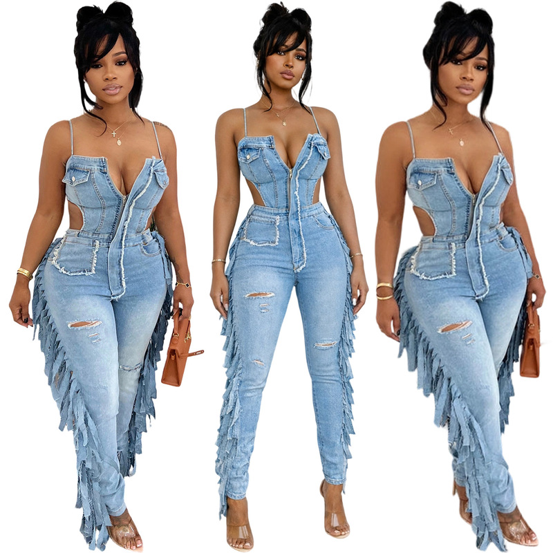 Ny8206 Amazon European and American Women's Fashion Sexy High-Elastic Tassel Jumpsuit [Strap with Adjustable Buckle]