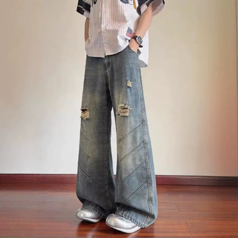 2026 High Street Washed Ripped Jeans for Men, Trendy American Style Loose Wide-Leg Flared Casual Pants Men's Fashion