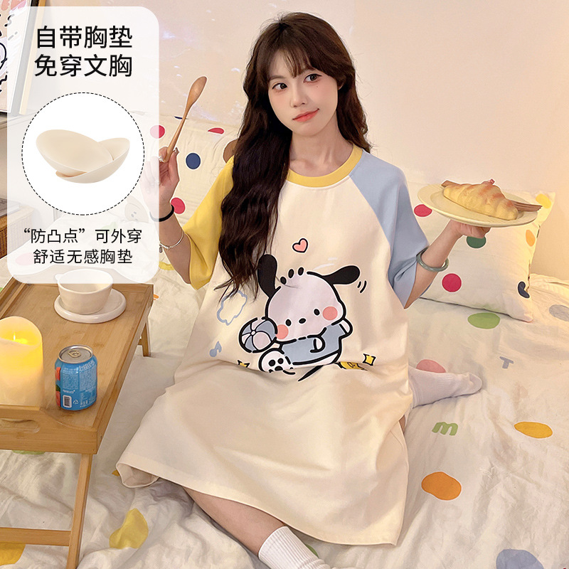 2025 nuevo perro Pachia con cojín de pecho pijama de verano mujer de algodón de cuello redondo dibujos animados lindos pijamas largos ropa para el hogar