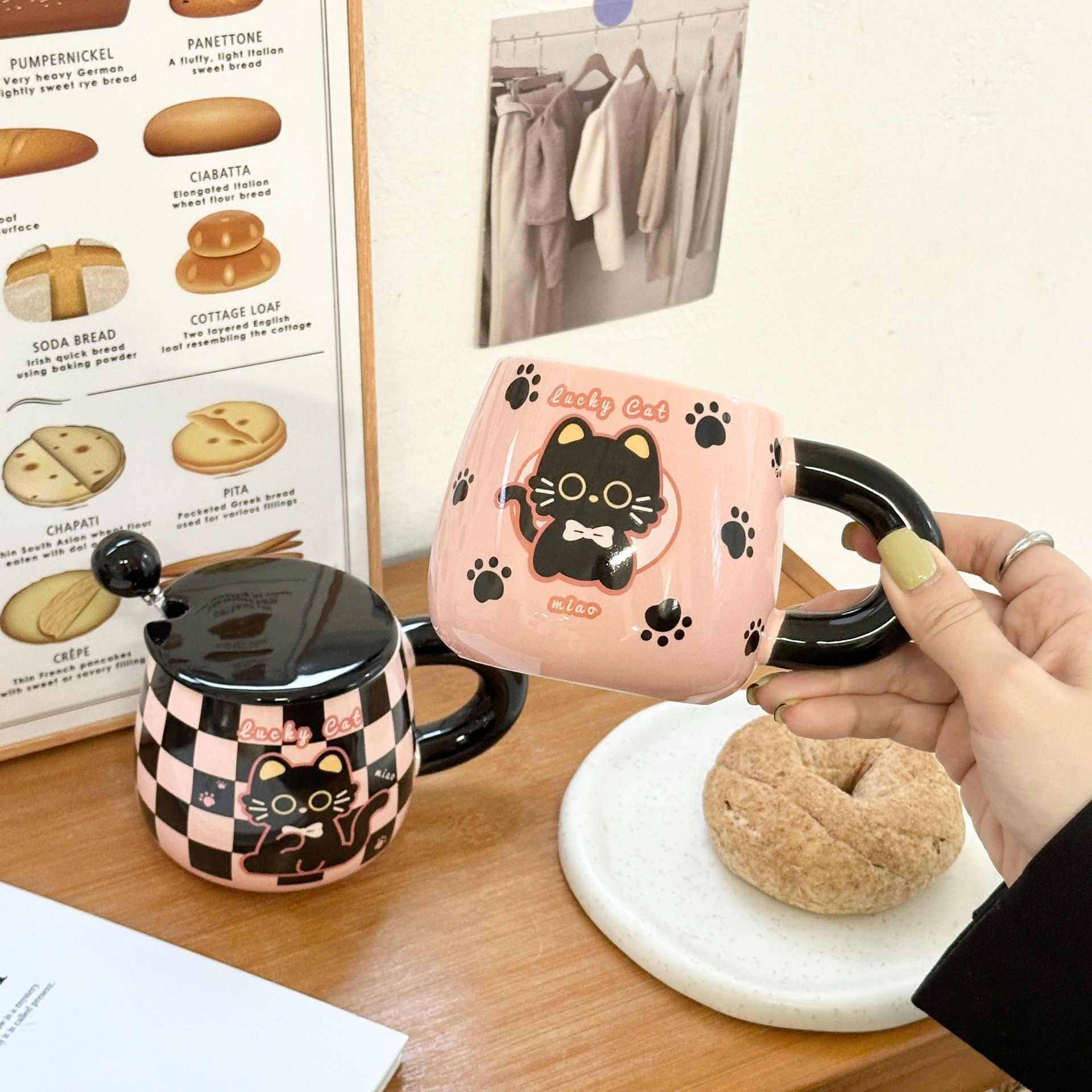 ins風高顏值馬克杯帶蓋勺陶瓷水杯女可愛貓咪早餐杯子活動伴手禮