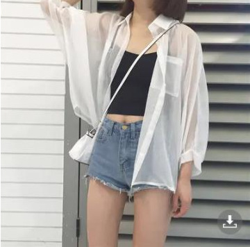 Hilo de perlas de diseño delgado micro-transparente de manga larga abrigo protección solar camisa Alibaba red al por mayor 1688
