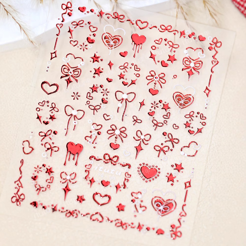 Nuevo dulce arco estampado en relieve pegatinas de uñas rosa arco amor arco estampado en plata pegatinas de corazón de桃ar rojo