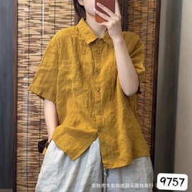 2026夏季新款亚麻衬衫女女文艺简约翻领开衫百搭纯色短袖衬衣小衫