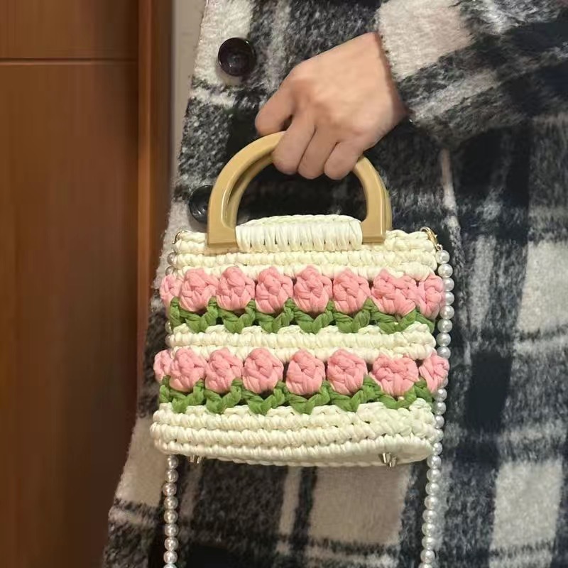Bolsa de tejido DIY hecha a mano, bolsa de Tulip, tela casera, línea de ganchillo, bolsa de material DIY