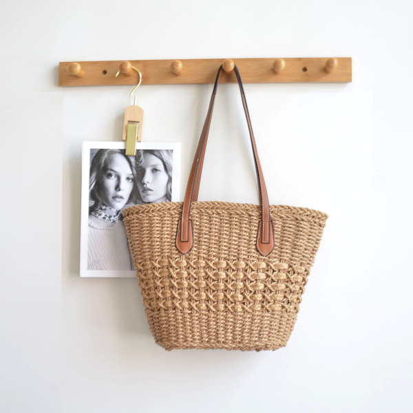 Woven straw brand one-shoulder bag
