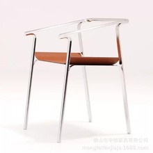 北欧设计师不锈钢马鞍皮书椅现代极简家用扶手靠背椅餐椅洽谈椅子