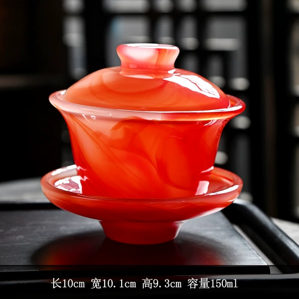 Red agate jade porcelain cover bowl