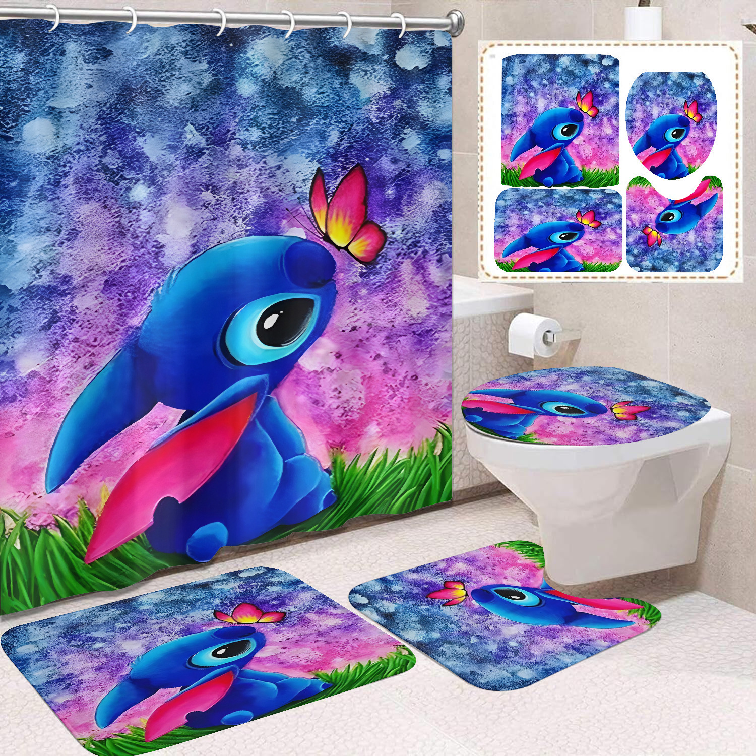 Venta directa de fábrica lindo baño de dibujos animados de cuatro piezas cortina de ducha impermeable cortina de ducha sin perforación cortina de partición de baño de baño