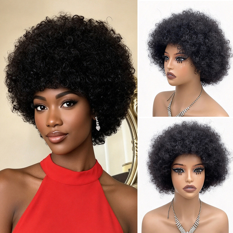 African Wig Afro Headgear Retro Classic Wool Curly Hair Kinky Curly Human Wig
