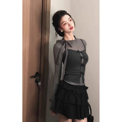 纯欲辣妹风气质蝴蝶结吊带背心网纱打底衫上衣套装女秋季2025新款