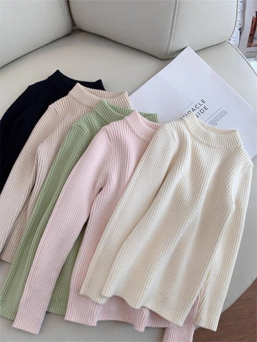 Girls' Sweater, Stylish Children's Solid-Color Round-Neck Knitted Base Layer Top, Winter New Arrival Innerwear Top for Little Girls