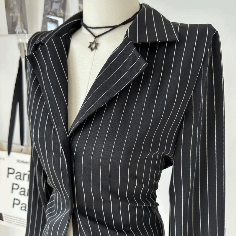 Black Striped Long-sleeved Shirt Women's Spring and Autumn 2024 New Elegant All-match Slim-fit Tight Waist Slimming Mid-length Top