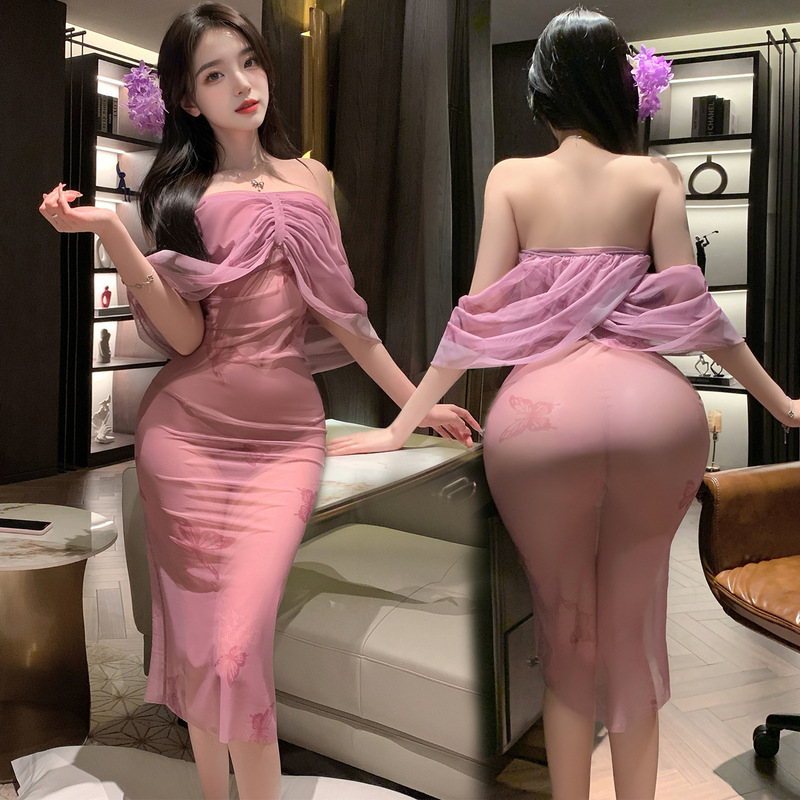 Manyan Sexy Intimates, Feminine Printed Two-Wear Tube Top, Soft Gauze See-Through Elastic Tight Long Skirt Nightgown 100470