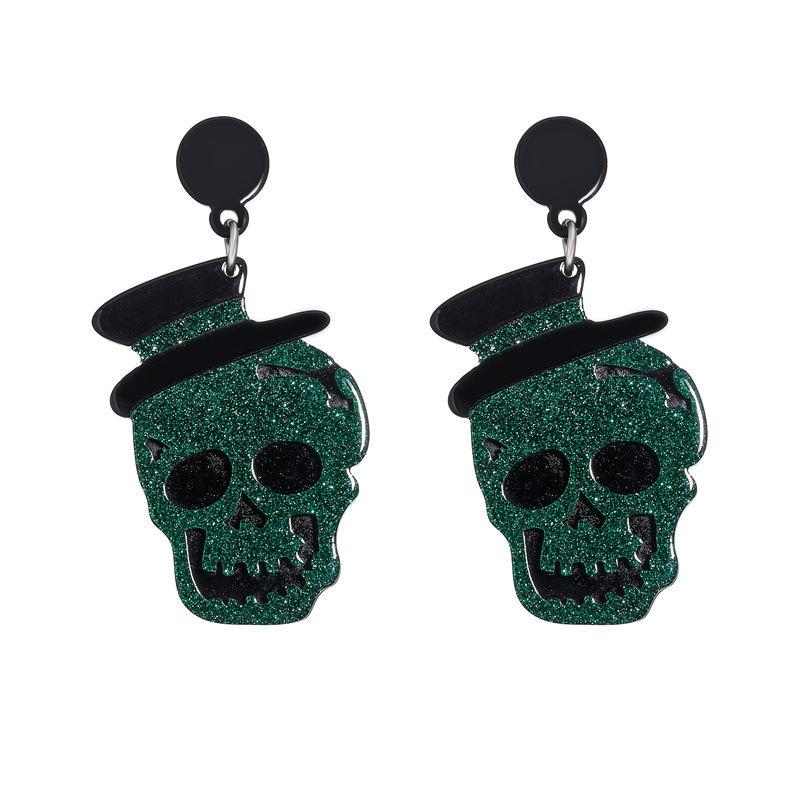 Nuevo Halloween brillante sombrero cráneo pendientes de acrílico pendientes de costura de personalidad de la moda pendientes