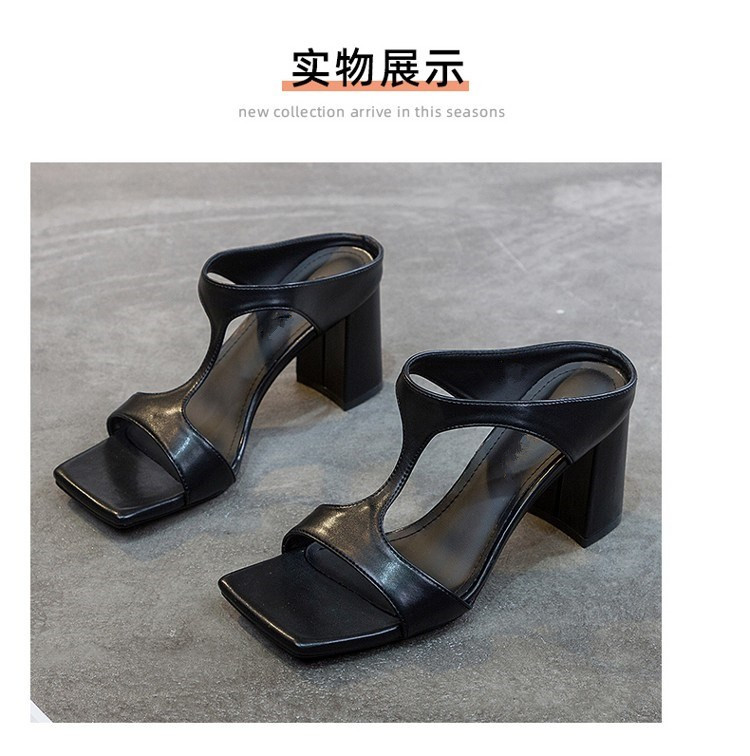European and American Roman Sandals Women's French Style Summer All-match Outwear Internet-famous Square Toe Open Toe One-character Thick Heel High Heel Sandals