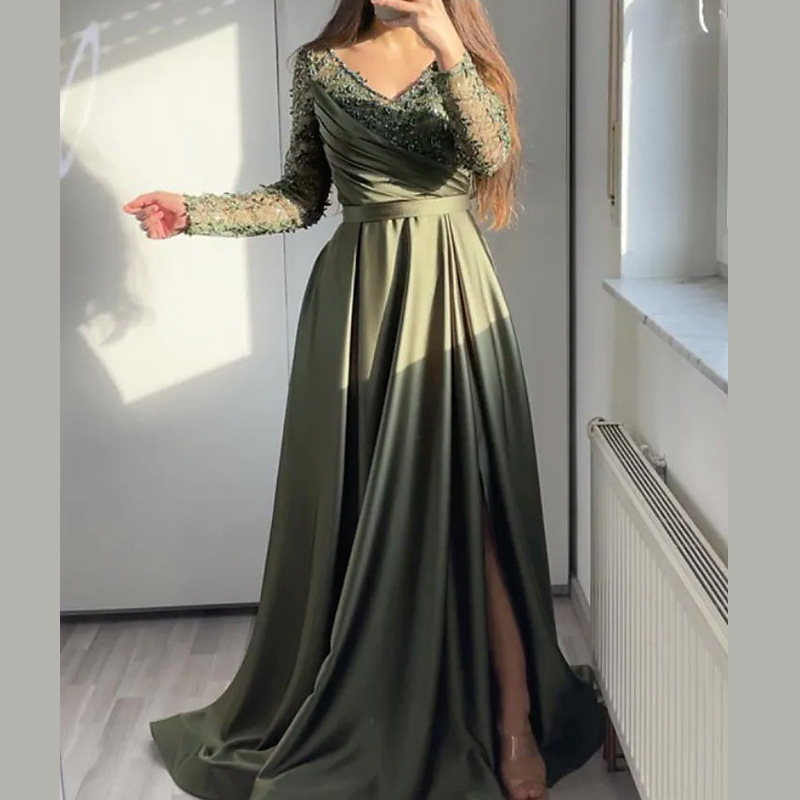 2025 Cross-Border Chest-Wrapped Ruffled Red, Black and Green Mid-Waist Pure Color Elegant Lace Long Skirt Dress Evening Dress