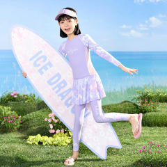 子供の水着の女の子の分体の長袖のズボンの2025年の新型の中で大きい子供の中学生の日よけの水着の卸売り