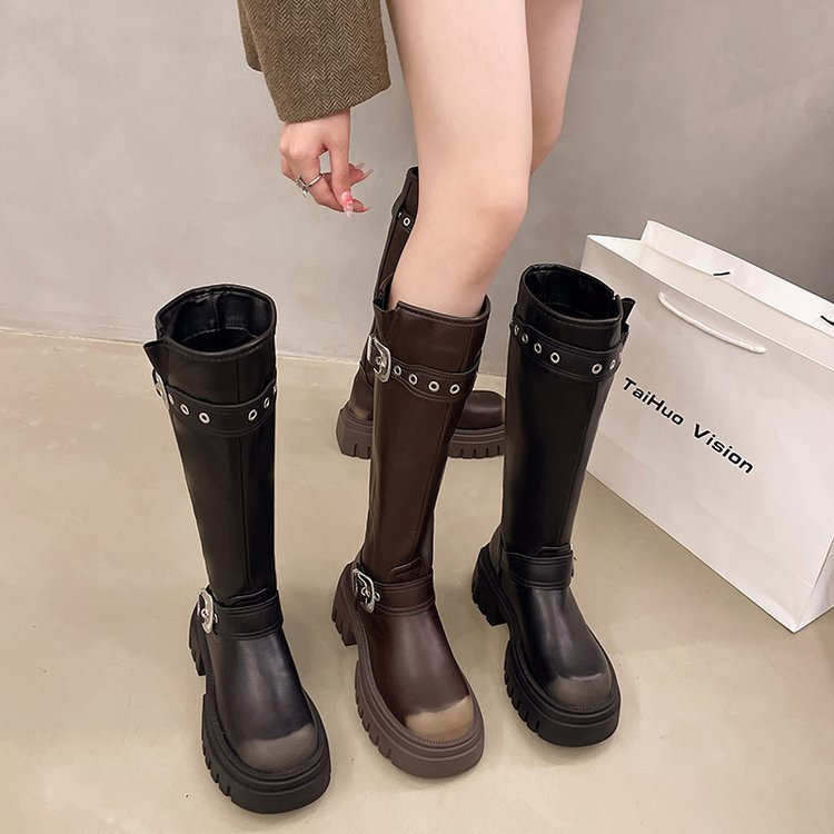 Brown demi-season elastic high boots platform