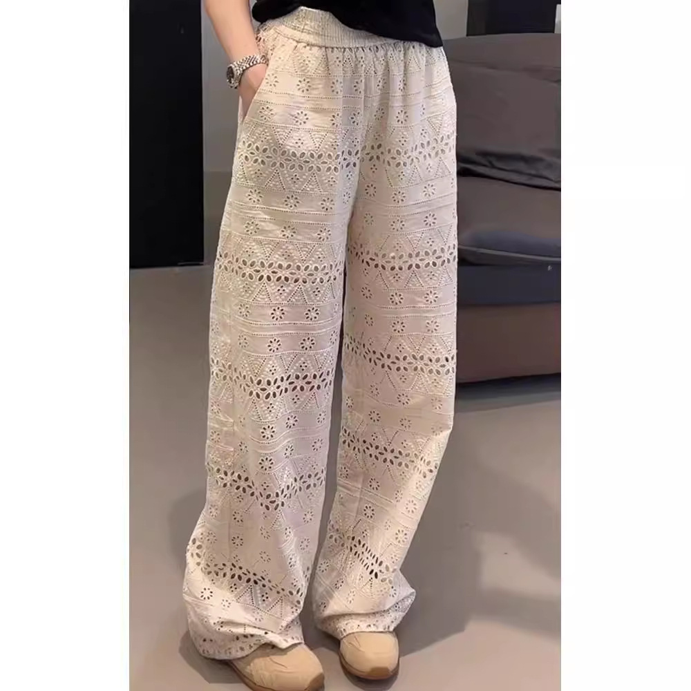 Plus Size High Waisted Lace Hollow Out Wide Leg Pants Summer Thin Loose Slimming Casual Straight Leg Pants For Women_ecoleips.com