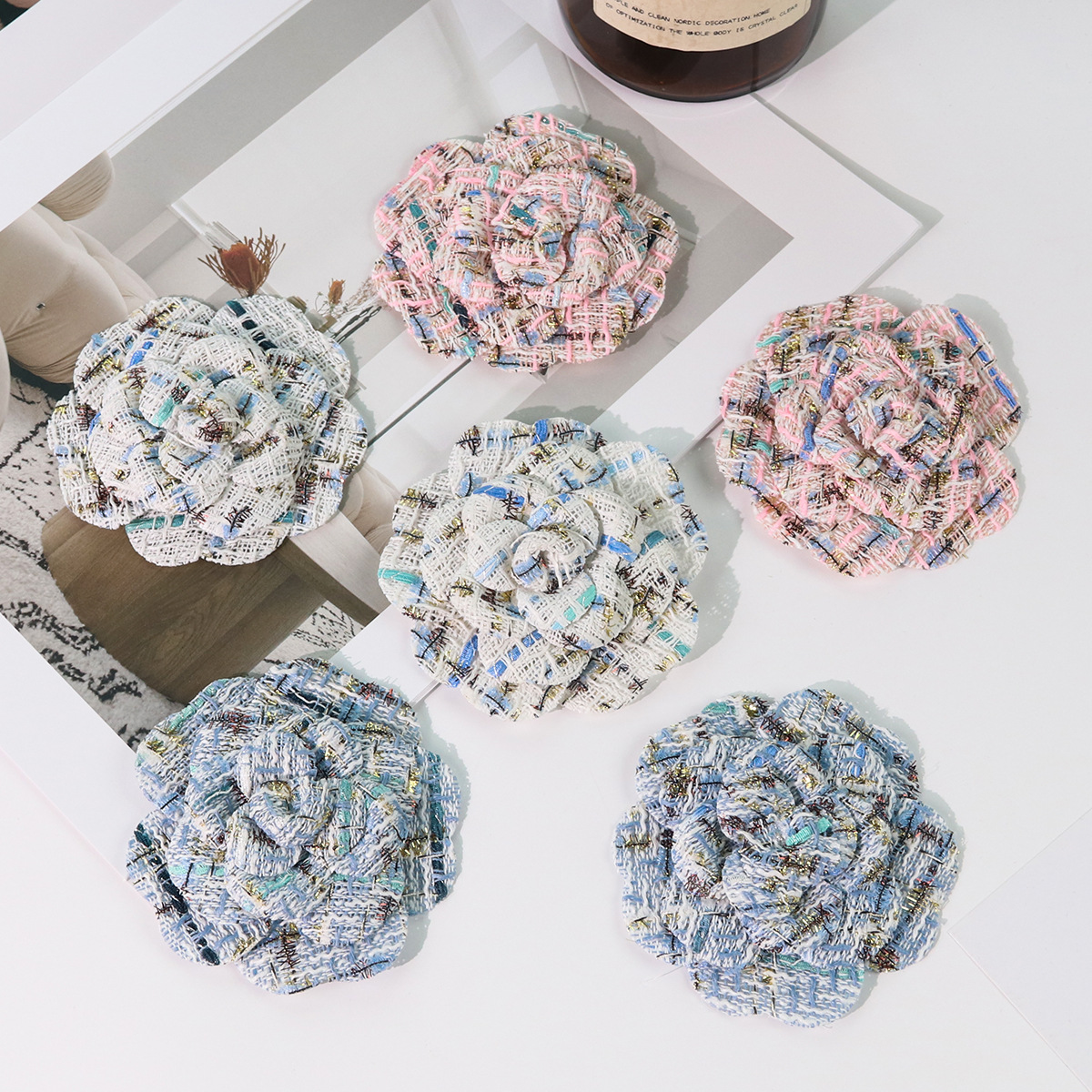 秋冬新品粗毛呢小香风服装辅料鞋花包包等配饰品批发粉色山茶花