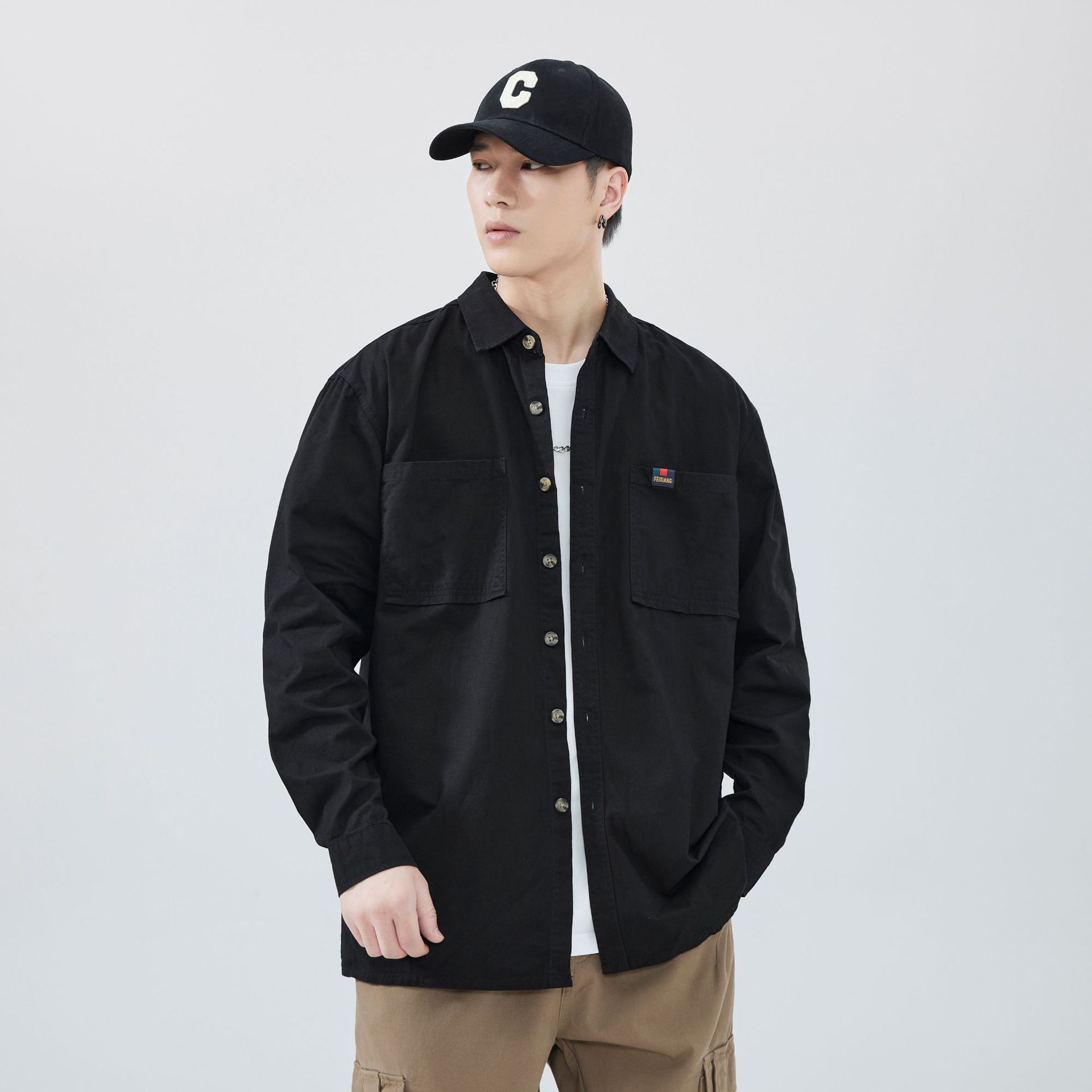 Camisas de fábrica personalizadas de primavera y verano de algodón, mangas largas, herramientas sueltas, bolsillo de doble cuello, estilo americano de alta calidad.