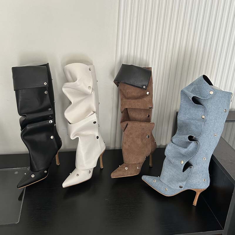 【Tax Not Included】Studded Buckle Patchwork Convertible Stiletto Heel Denim Ruched Slouch Boots for Women, Unique and Trendy Fashion