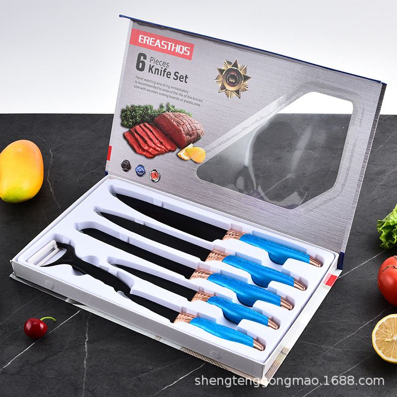 Venta caliente transfronteriza acero inoxidable doble cabezal de galvanoplastia caja de tapa cuchillo juego de 6 piezas de utensilios de cocina cuchillo de chef juego de cuchillo de fruta