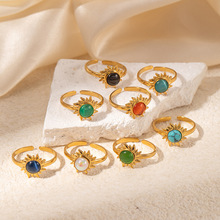 亚马逊热卖饰品太阳花不锈钢戒指复古高级感不掉色百搭彩色天然石