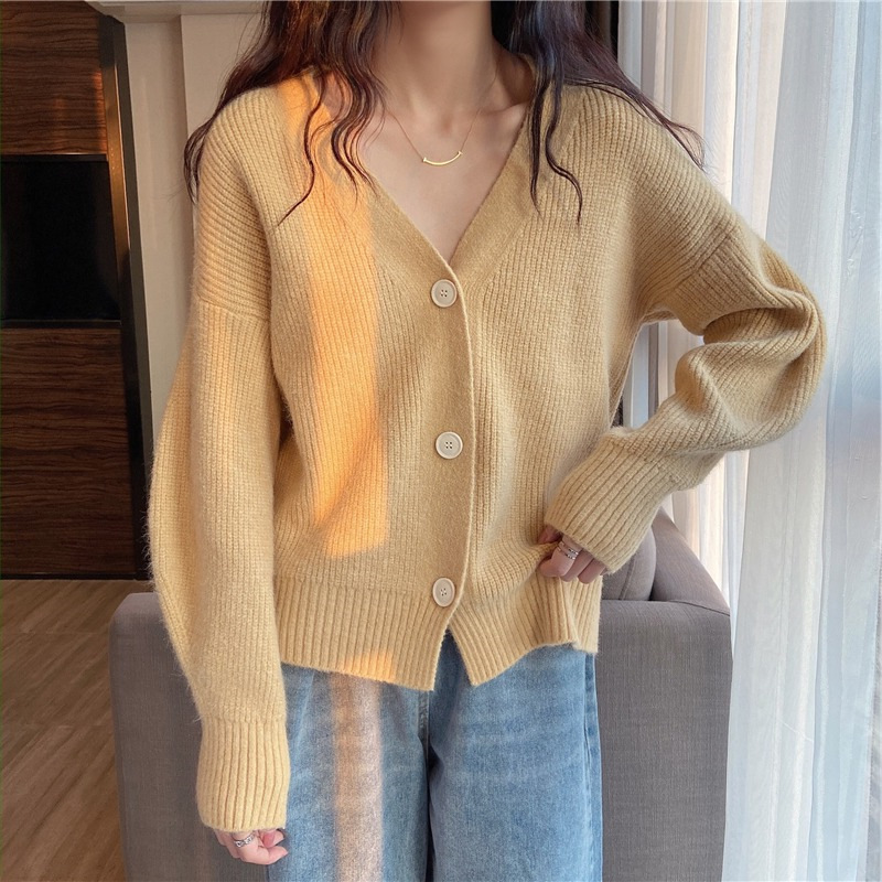 French V-Neck Candy Color Long Sleeve Cardigan Women's Loose Knit Sweater Coat Casual Elegant Outerwear_ecoleips.com