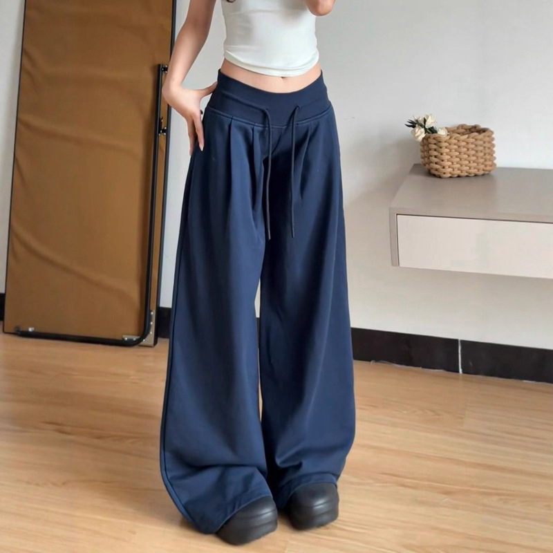 Threaded Waist American Style Straight Loose Sports Pants for Women in Autumn Loose Slimming Casual Wide Leg Sweatpants