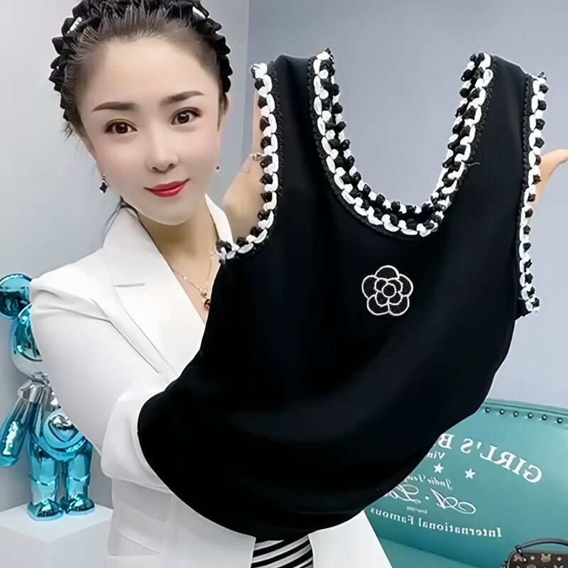 Knitted Base Shirt Sleeveless Vest Women's Summer Inner Wearing Black and White Striped Sling T-shirt Top