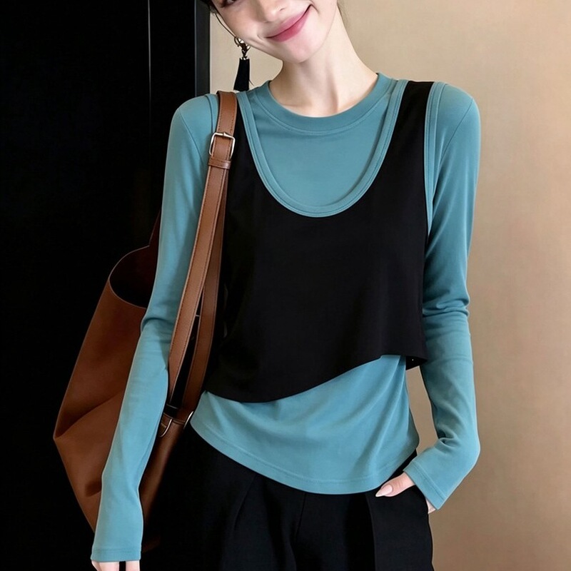[40 pieces of imitation cotton] Korean-style, high-end, round-neck, color-block long-sleeve T-shirt for women, a chic two-piece set for early autumn