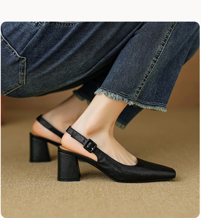 Sandal cao gót nữ mũi nhọn quai khóa, gót thô 9 cm phong cách Hàn Quốc — màu nâu chi tiết 13
