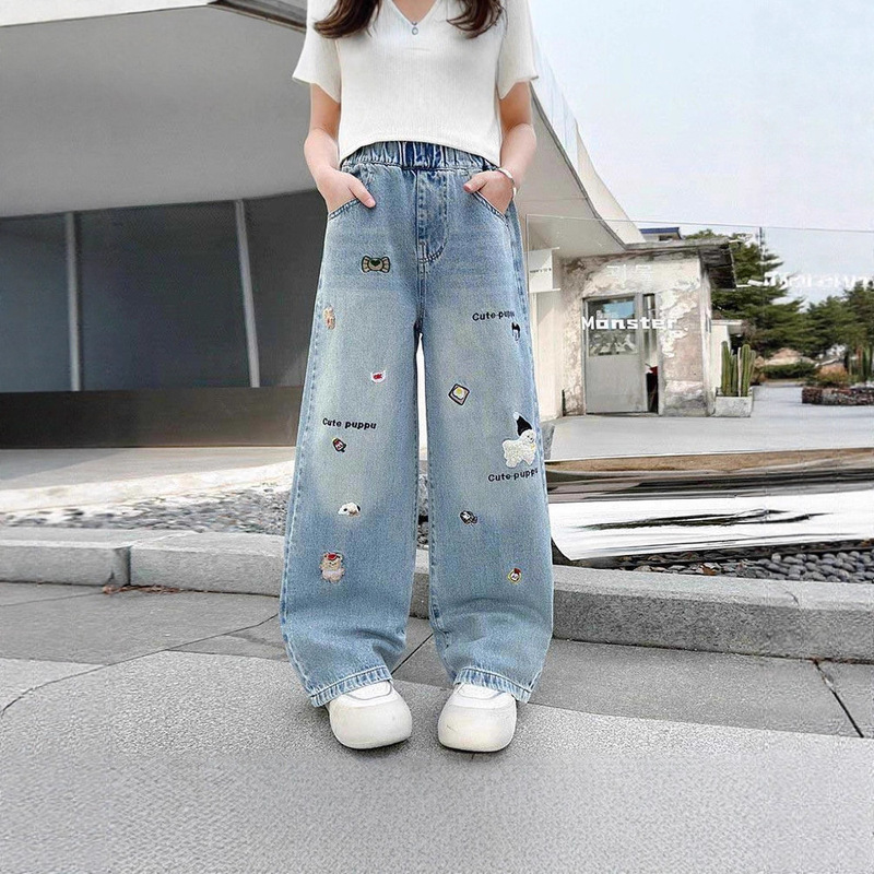 Youkaman Girls' Jeans Spring and Autumn 2026 New Style Children's Embroidered Loose Wide-Leg Pants for Outerwear Youkaman Girls' Jeans Spring and Autumn 2026 New Style Children's Embroidered Loose Wide-Leg Pants for Outerwear