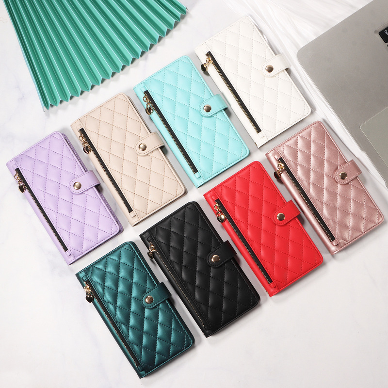 Suitable for Export iPhone 16 Socialite Fashion Small Fragrance Side Zipper Samsung S25U Wallet Card Holder Leather Case