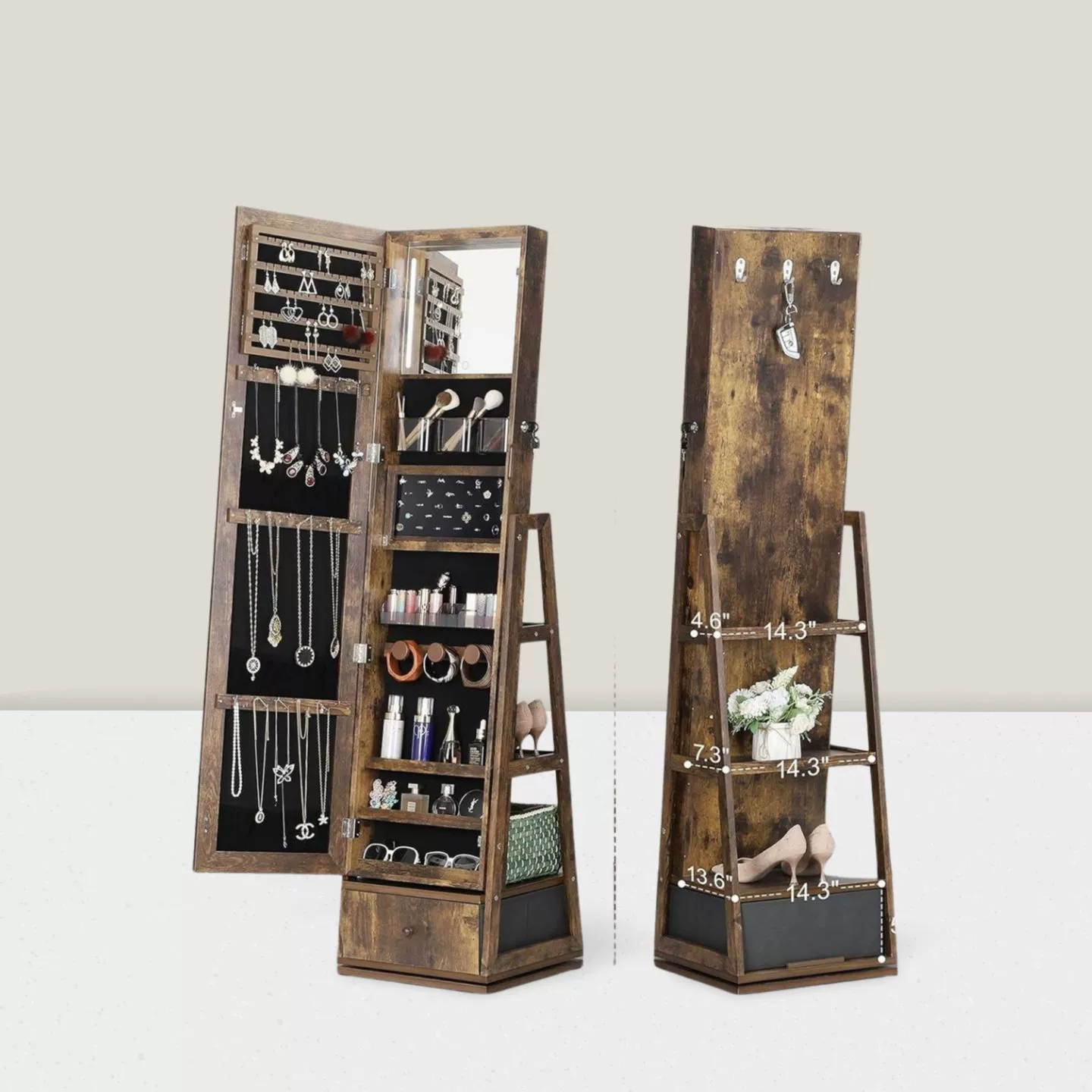 Зеркало в полный рост для гардероба, напольное зеркало для макияжа, ювелирное ожерелье, шкафчик для хранения, деревянное зеркало