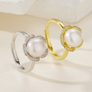 Korean Style New Freshwater Pearl Flower Ring Women's Fashionable Elegant Micro-inlaid Zircon Opening Adjustable Ring Jewelry