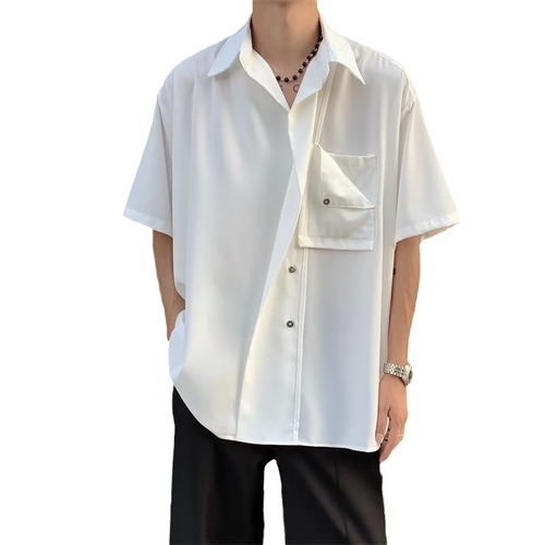 White Ice Silk Short Sleeve Shirt for Men - Summer Thin Model, Cool Style, Relaxed Feel, Draped Collar, British Elegant Cool Men's Clothing