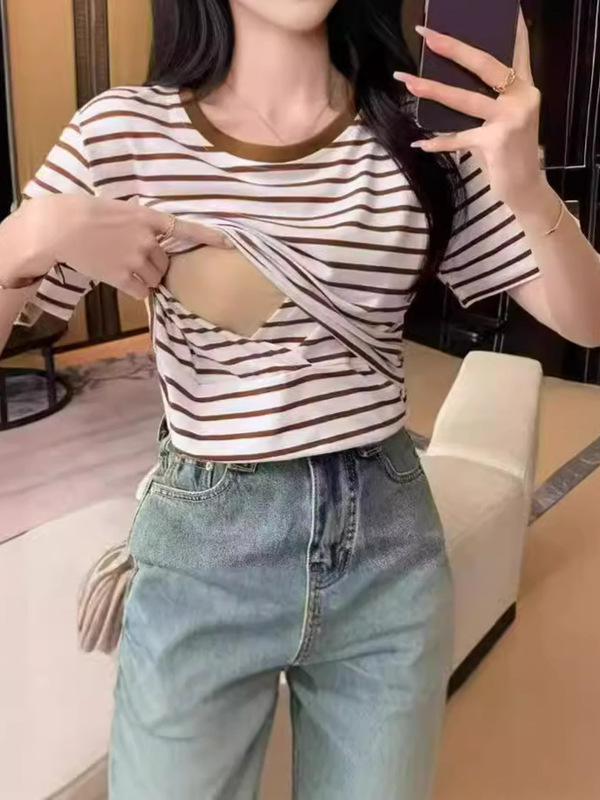Cotton Sweat Absorbing Breastfeeding T-shirt Striped Summer Postpartum Hot Mom Soft and Comfortable Breathable Feeding Top Cotton Sweat Absorbing Breastfeeding T-shirt Striped Summer Postpartum Hot Mom Soft and Comfortable Breathable Feeding Top