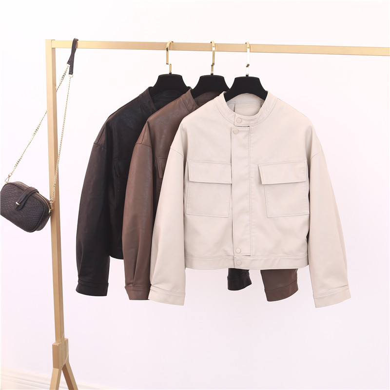 2022春装新款女式皮衣短款oversize宽松立领大口袋海宁皮夹克外套