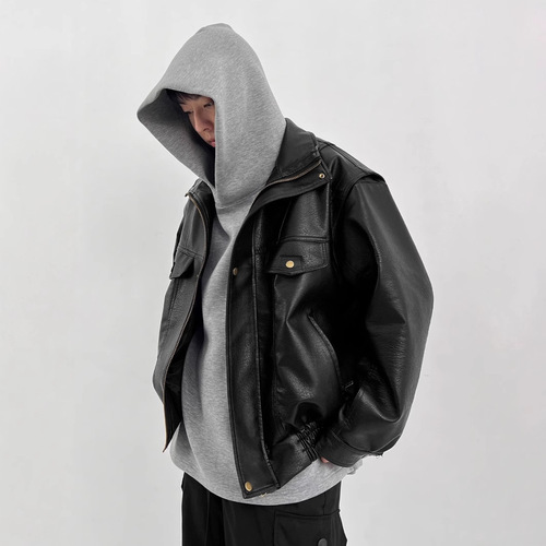 American Retro Motorcycle Soft Leather Jacket for Men, Fake Leather Short Sleeve Spring and Autumn Season Couple High-End Pilot Jacket