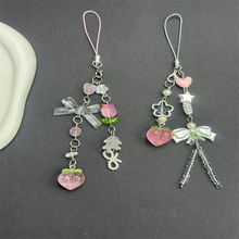 原创手作ins风清透水蜜桃吊坠爱心蝴蝶结串珠手机链挂件清新少女