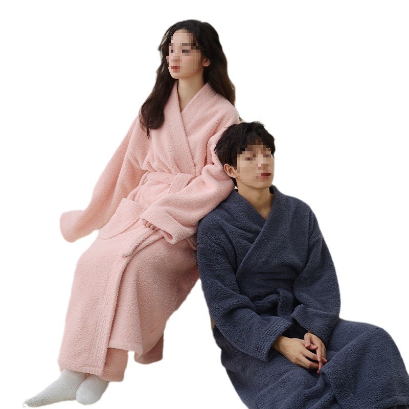 목욕 가운 여성 성인 흡수성 빠른 건조 비 순수한 면 가을과 겨울 커플 긴 두꺼운 잠옷 2024 새로운 스타일 목욕 가운